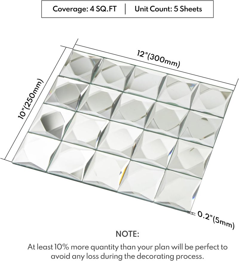 Lovdeco Peel and Stick 2" Mirror Glass Mosaic Tile 9 Faces Beveled Silver Crystal Mosaic Tile for Kitchen Backsplash, 12x10 Inch, 5 Sheets - Image 2